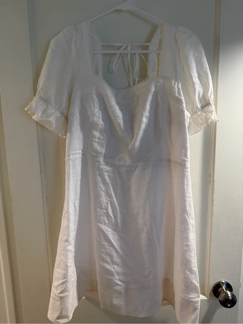 White Linen Tie-Back Mini Dress with Puff Sleeves